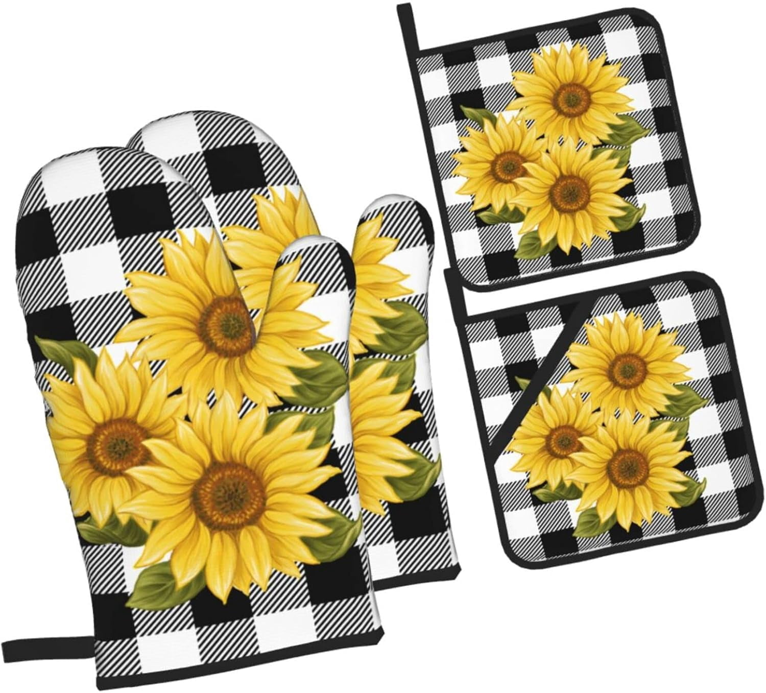 Cow Print Oven Mitts and Pot Holders Sets of 4 High Heat Resistant Oven Mitts with Oven Gloves and Hot Pads Potholders for Kitchen Cooking Baking Grilling BBQ Non-Slip Cooking Mitts