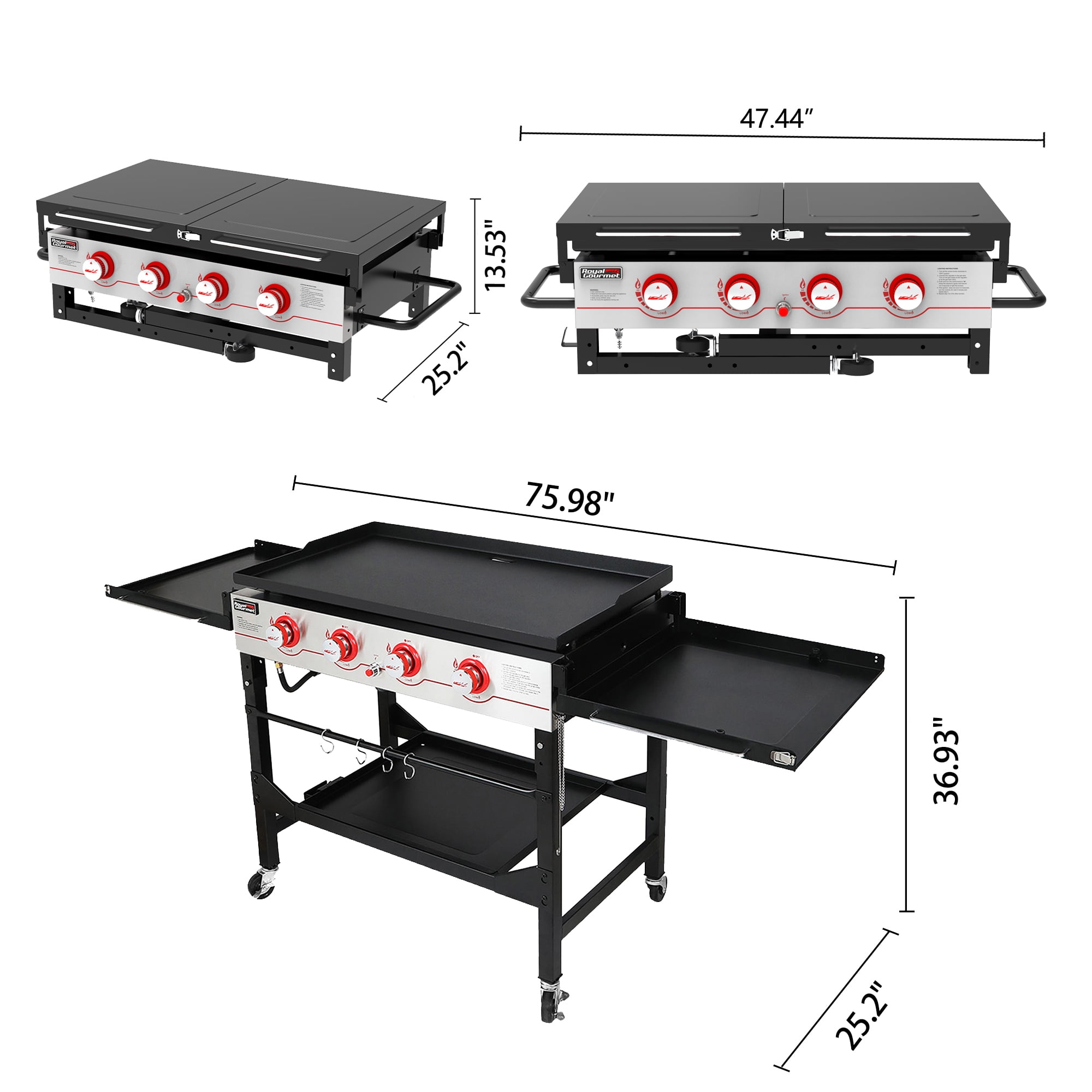 Royal Gourmet GB4000F 36" Flat Top Gas Griddle, 4-Burner BBQ Grill Griddle with Top Cover Lid, Folding Side Shelves and Legs for Large Outdoor Camping, Black
