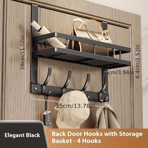 Black with 4 hooks,Multifunctional Metal Easy-Install Over-the-Door Storage Rack for Bedroom, Bathroom & Kitchen Organization, A Perfect Gift for Christmas And Halloween