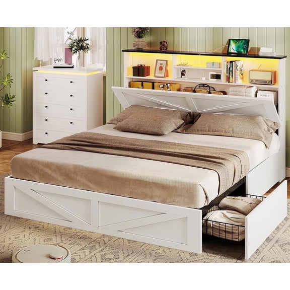 Farmhouse Bed Frame Full Size with 4 Storage Drawers and Bookcase Headboard, LED Wooden Bed with Hidden Space, No Box Spring Needed, White