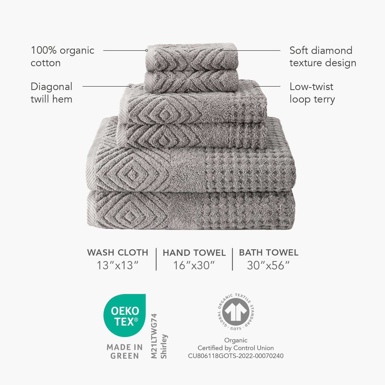 Texere 100% Organic Cotton Diamond Jacquard Towel Sets, Cream (2 Hand and 2 Face Towels)