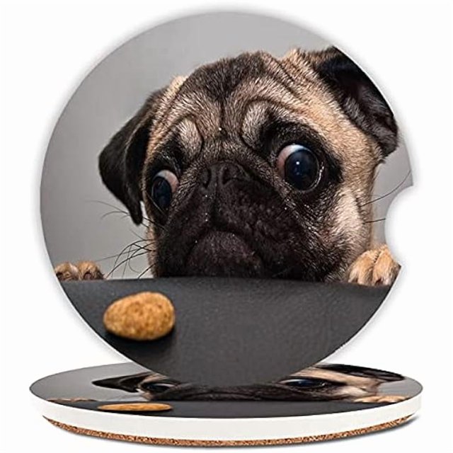 wonima02 Pug Dog Looking for Food Cup Holders Car Coasters Set for Women/Men,Keep Cup Holders Clean and Dry,Funny Drink Cup Car Holder Coasters with A Finger Notch 2.56" Pack of 2