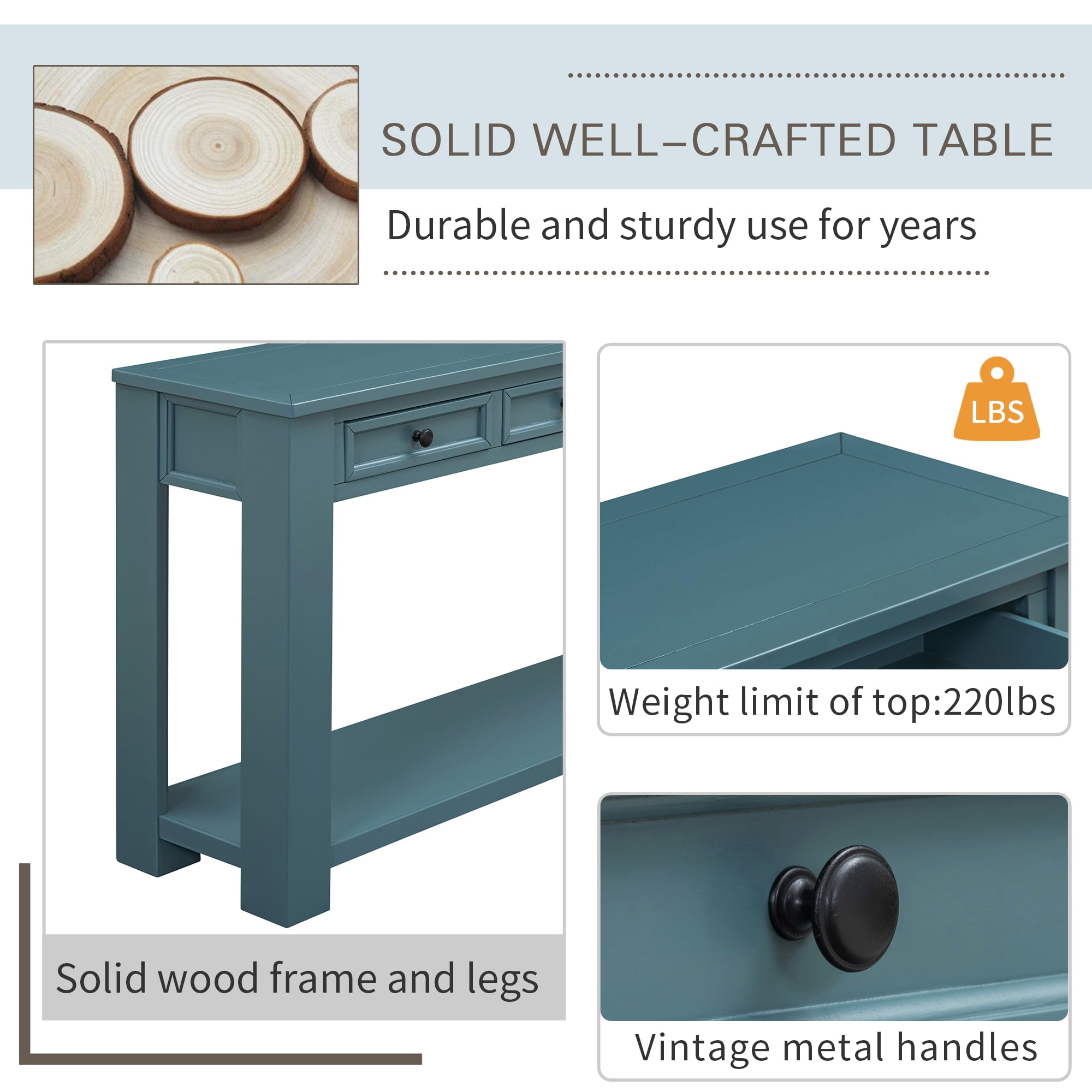 Euroco Wood Rustic Chic Console Table, Dark Blue