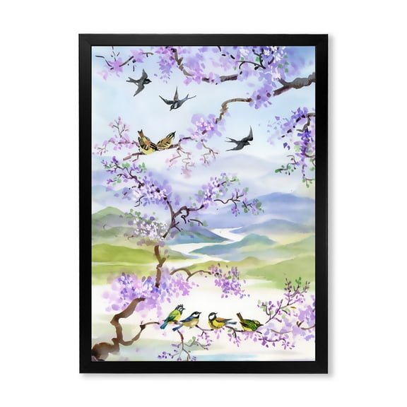 Designart 'Birds Sitting On Cherry Branch' Traditional Framed Art Print