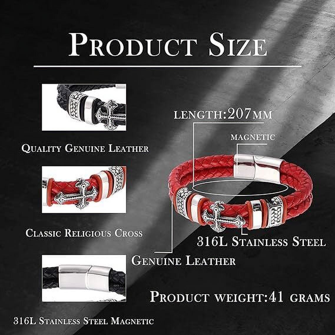 Raymard Mens Christian Cross Double Row Leather Bracelet - 6.8" Black Braided Bracelet for Men