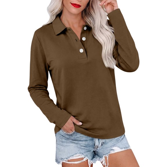 Polo Shirts for Women Long Sleeve Collared Button Golf Work Cute Summer Tops, L