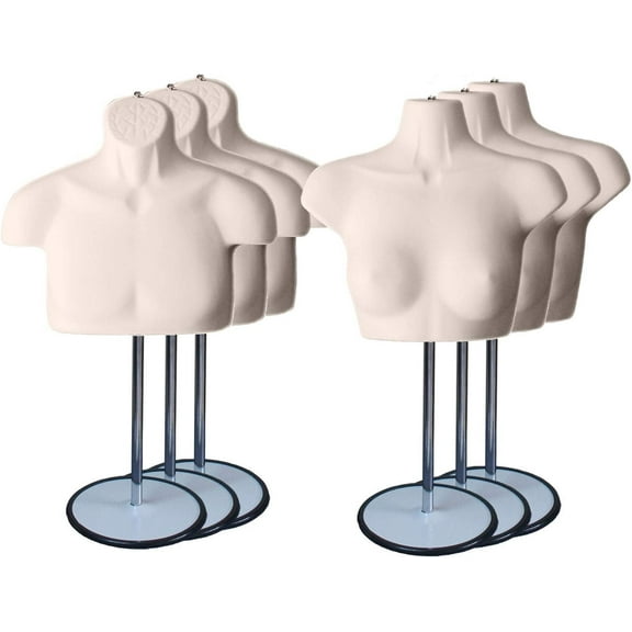Flesh Male Female Mannequin Chest Long Hollow Back Body Torso Set w/Metal Stand with Metal Pole & Hanging Hook, S-M Size (3)