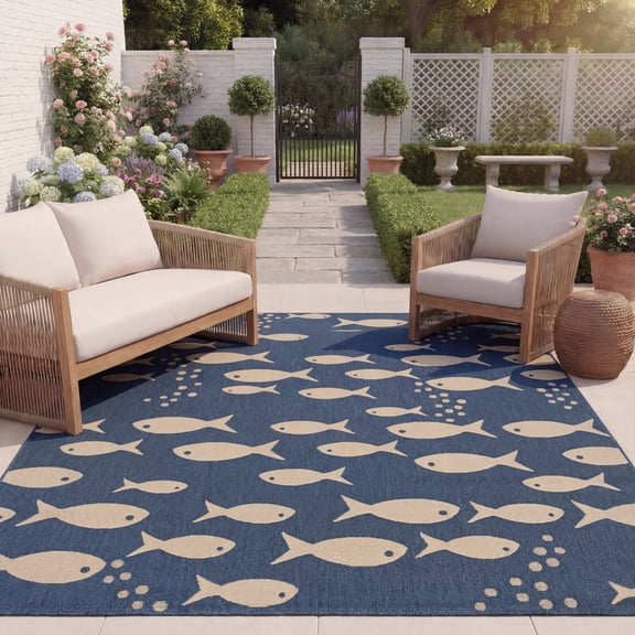 SAFAVIEH Courtyard Trena Fishes Indoor/Outdoor Area Rug, Blue/Beige, 4' x 4' Square