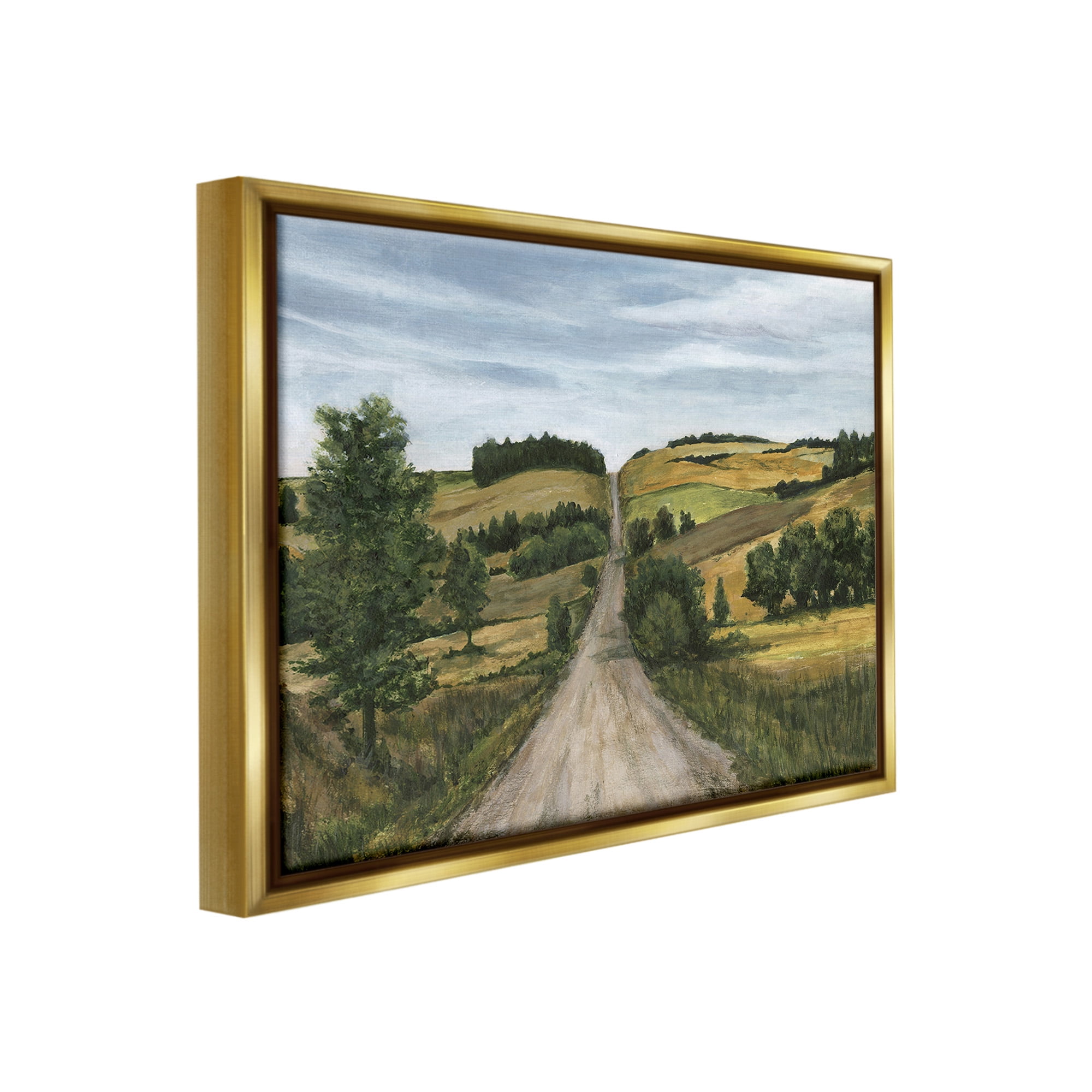 Stupell Industries Receding Country Path Landscape Painting Gold Floater Framed Canvas Art Print Wall Art, 31 x 25