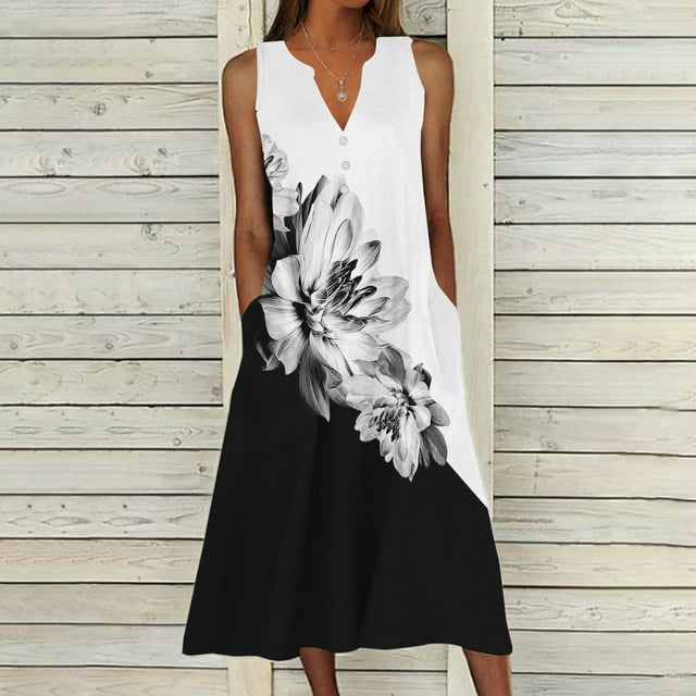 Fankiway Robe d'Été Décontractée pour Femmes, Col en V Sans Manches, Longue Robe de Plage Grande Taille