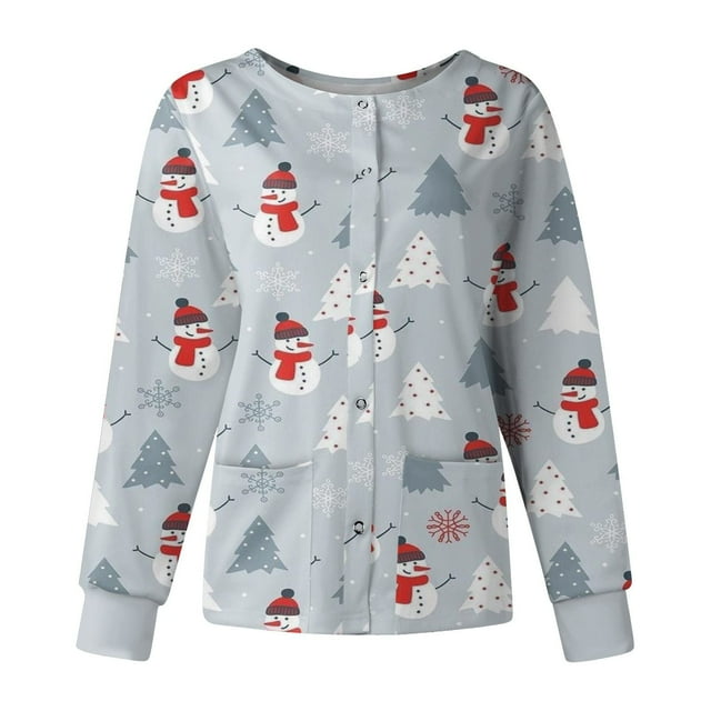 Dvkptbk Gommage pour Femmes Noël Hauts Imprimés de Noël Amples Vêtements de Travail Uniforme avec Poches Mode Décontractée Col Rond Cordon Manches Courtes T-Shirts