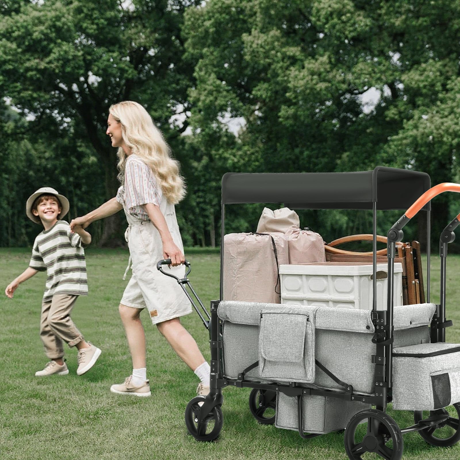 Wagon Stroller for 2 Kids, 3 in 1 Push and Pull Foldable Wagon with Footwell, All-Terrian Wheels, Includes Adjustable Canopy, Ample Organizer, 5 Point Harness (Black)