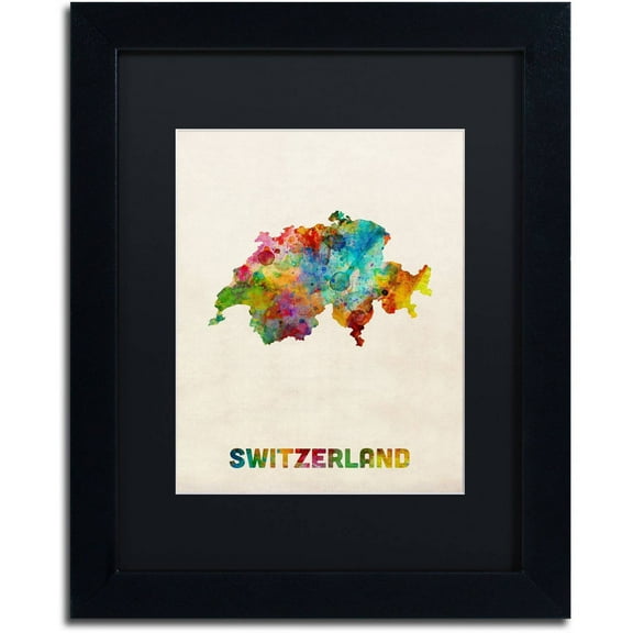Trademark Fine Art 'Switzerland Watercolor Map' Canvas Art by Michael Tompsett, Black Matte, Black Frame