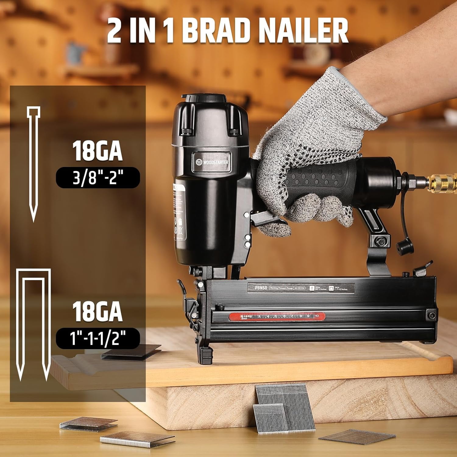 WOODSTARTER Pneumatic Brad Nailer, 18 Gauge 2 in 1 Air Brad Nail Gun and Staple Gun, compatible with 2-Inch Brad Nails and Crown 1-1/2 inch Staples, for Upholstery, DIY Project, Woodworking