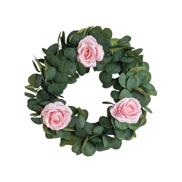 Coronas de Puerta de Primavera para Puerta Delantera Fuera de Plantas Verdes Artificiales 42cm con Rosas, Plantas Artificiales Al Aire Libre Que Se Ven Reales, Decoración Durante Todo el Año