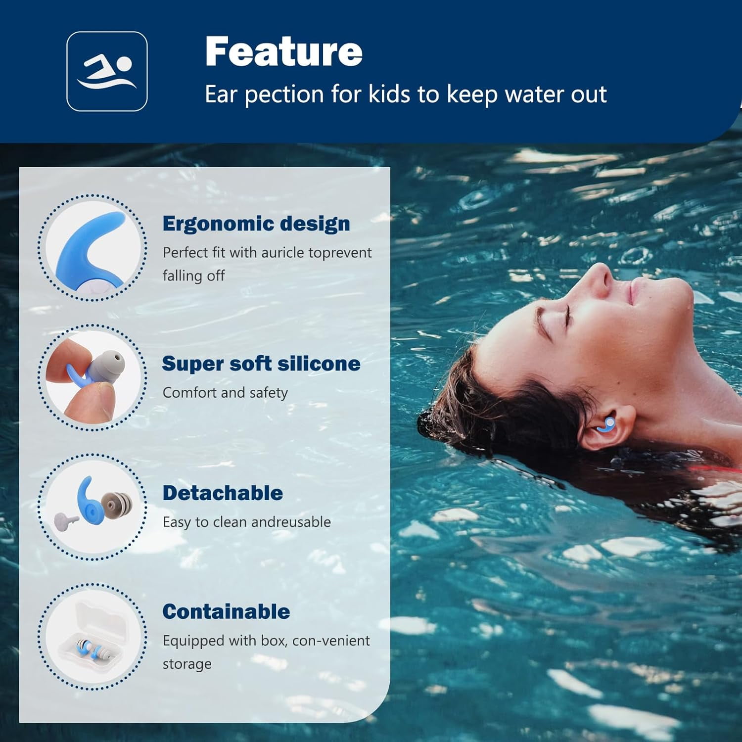Swimming Ear Plugs for Adults,3 Pairs Waterproof Silicone Reusable Swim Earplugs for Swimming Surfing Diving Showering, Recommended for 14 Years Olds up