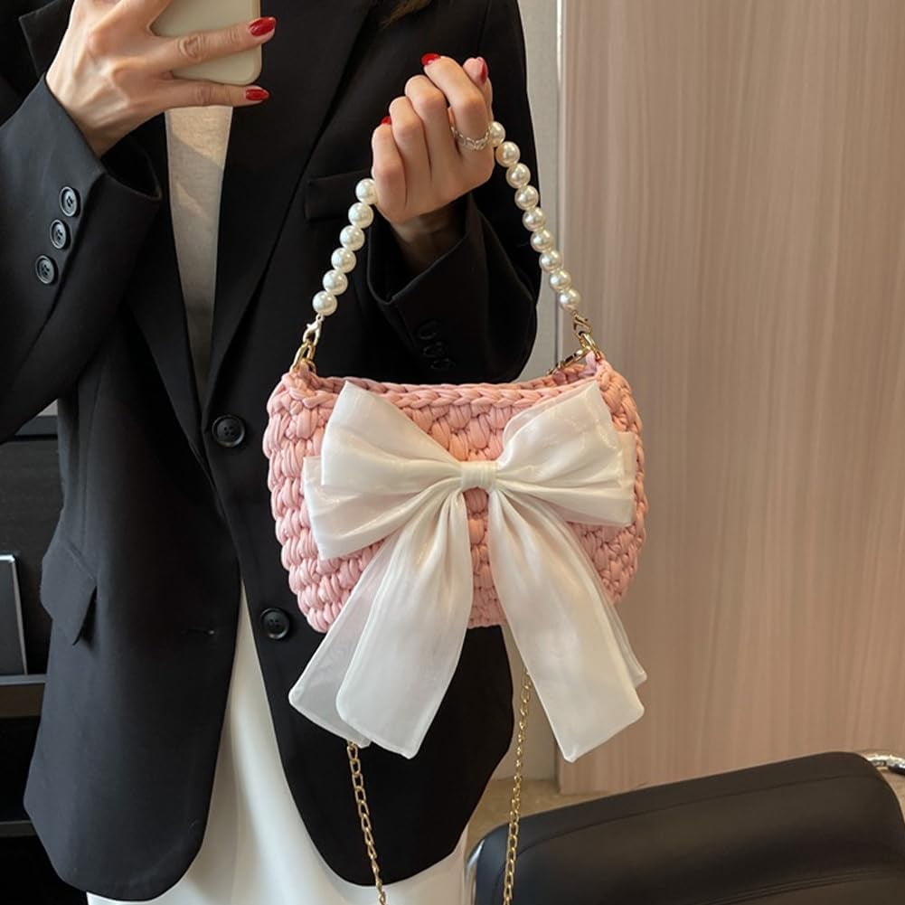 DIY Crochet Knitting Bag Kit Handmade Crochet Handbag Making Kits Women's Bowknot Crossbody Bag Making Kit 9x2x5.9 Inch Pink
