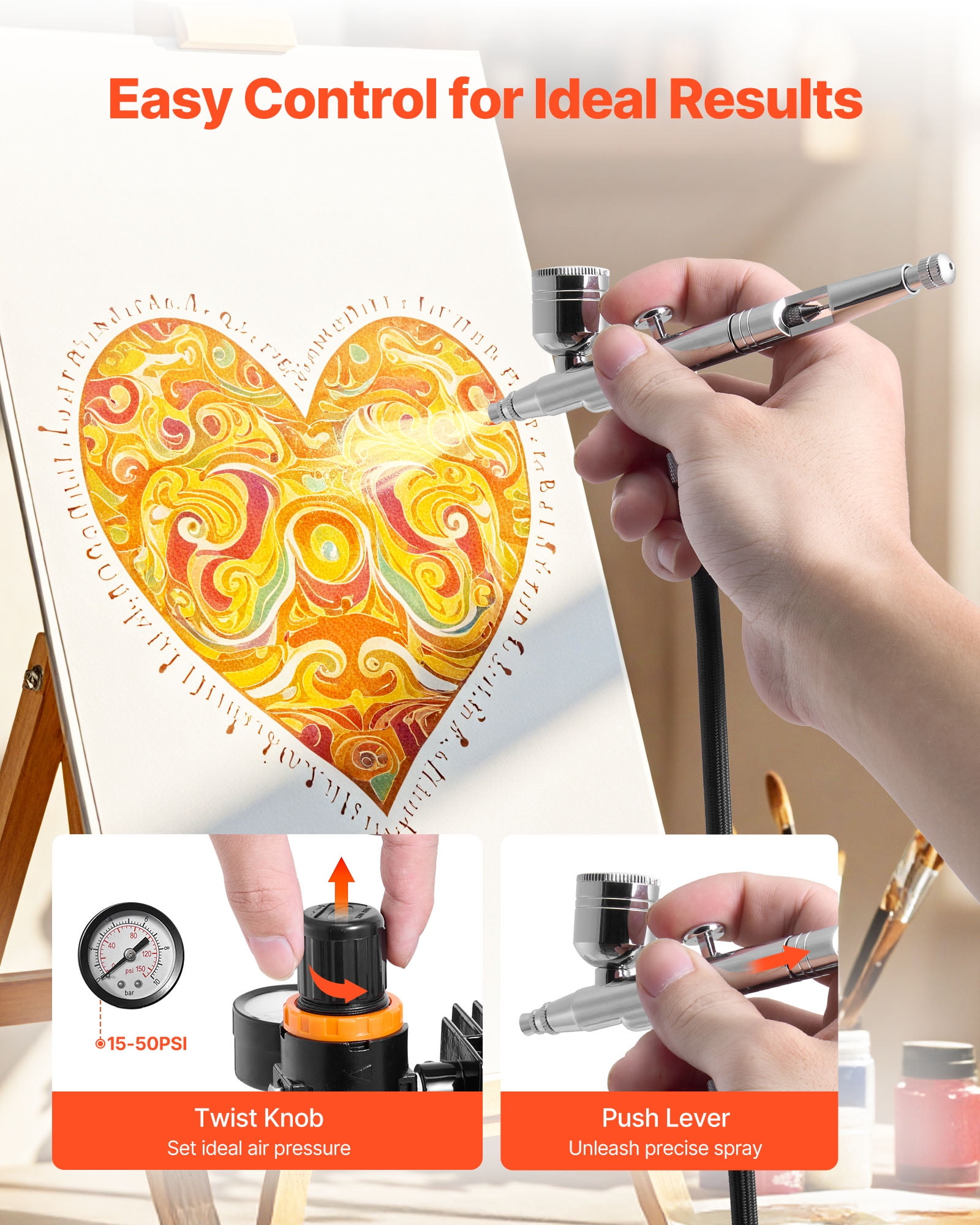VEVOR Airbrush Kit, 1/6 HP, Air Brush Kit with Air Compressor, 1 Dual-Action Professional Airbrush with 3 Tips, Hose, Holder, Cleaning Set, Low Noise, for Cake Decorating, Model Painting, Nail Art