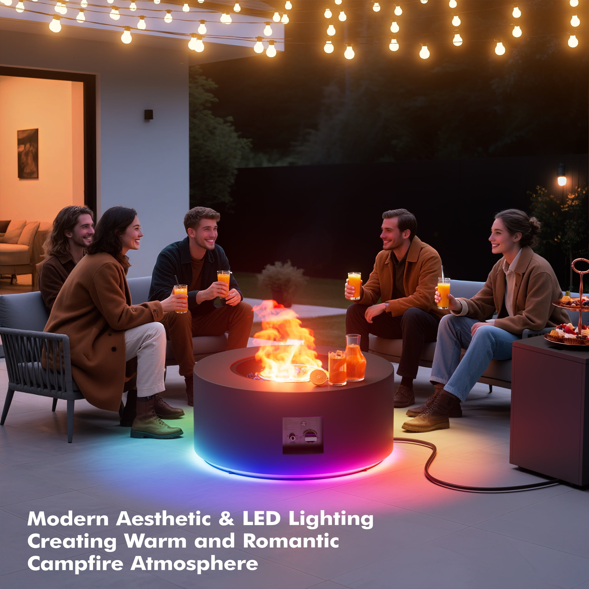 30 in. Round 50000 BTU Coating Steel Outdoor Fire Pit Table with Tank Holder, LED Light, Cobalt Blue Beans,Gas Fire Pit Table for Outside