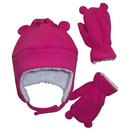 NICE CAPS Toddler Girls and Baby Warm Sherpa Lined Micro Fleece Hat and Mitten Cold Weather Winter Snow Headwear Accessory Set with Ears - Fits Little Kids and Infant Sizes