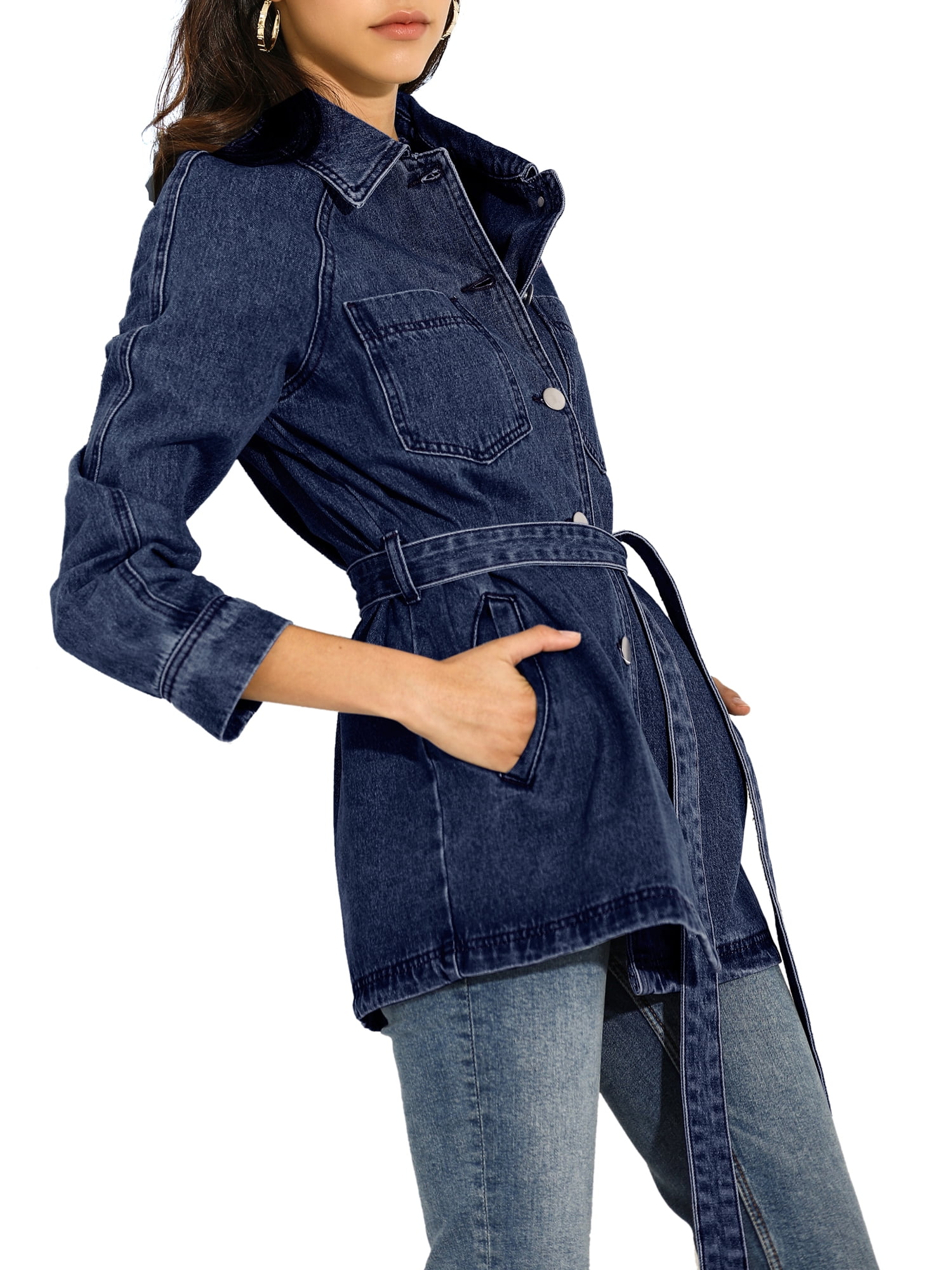 DARING DIVA Woman's Boyfriend Tie Waist Denim Jacket with Pockets L Dark Blue