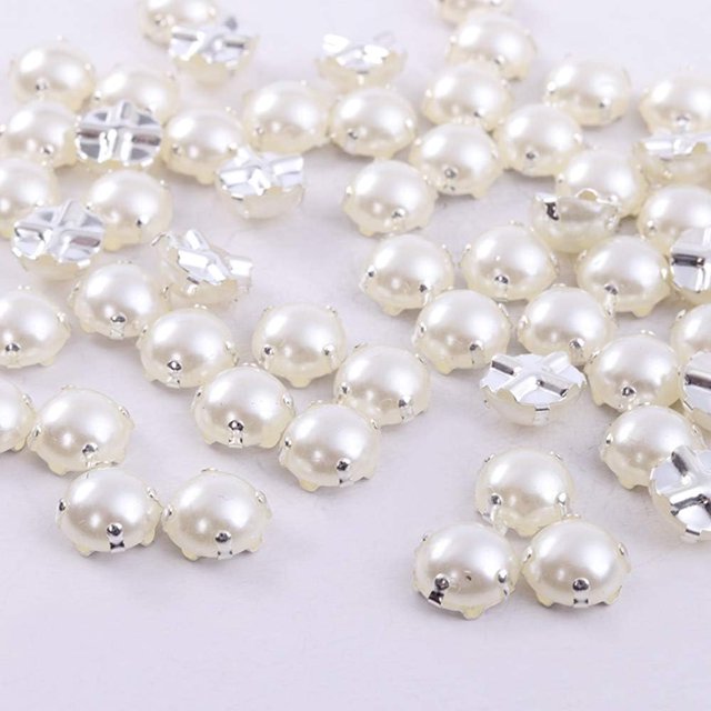 Sewing Pearl Beads Rhinestones Sew On Pearl Rhinestones with Silver Claw Flatback Half Round Pearl for Craft Garment (Silver Claw, 10mm)