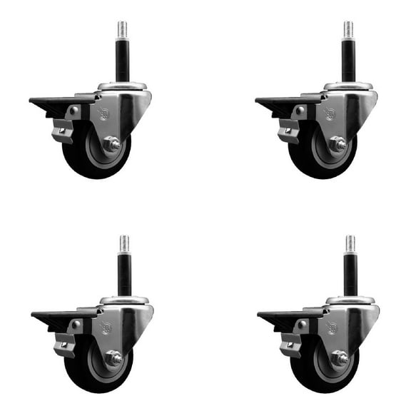 3 Inch Black Poly Swivel 3/4 Inch Expanding Stem Caster Set with Brake SCC