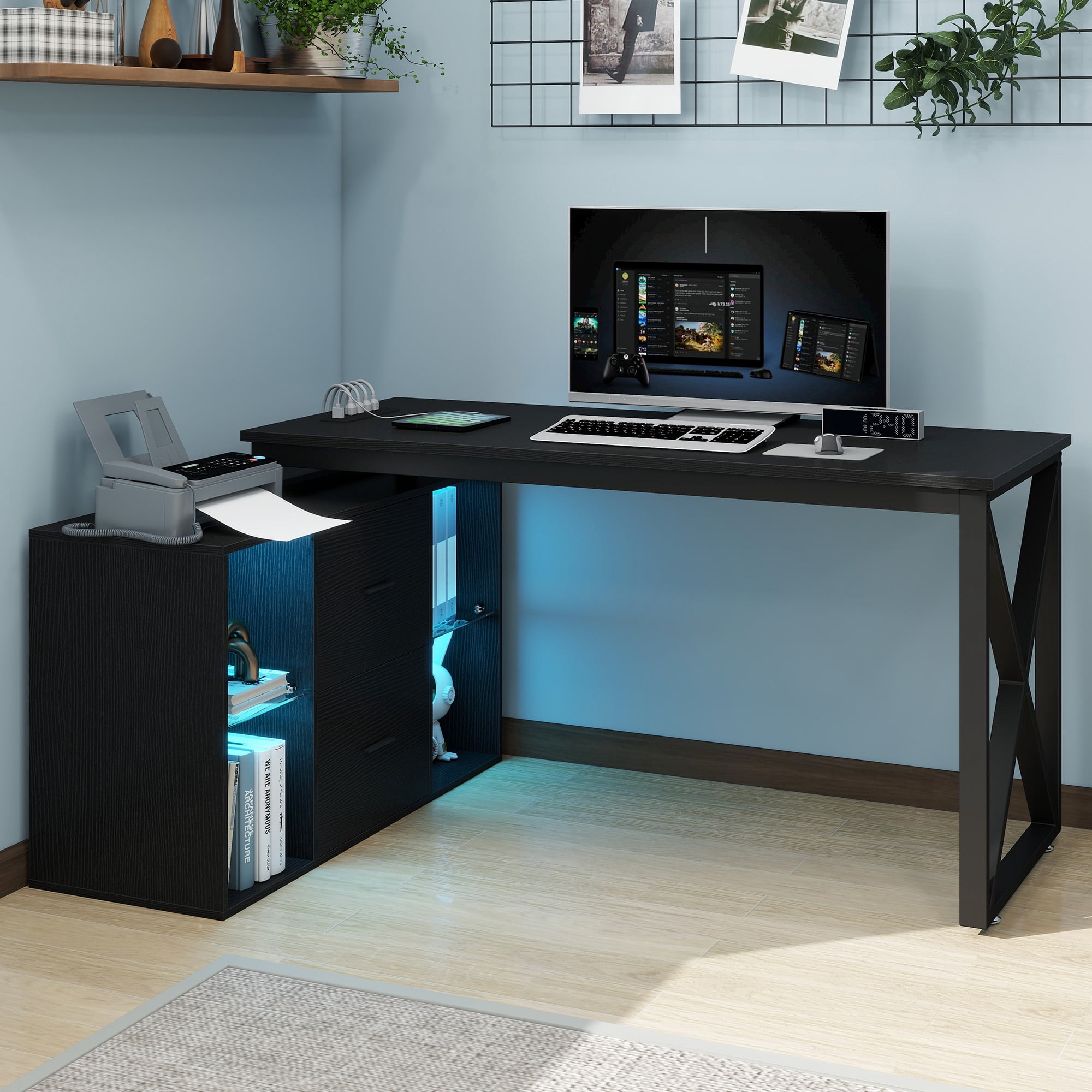 Dextrus L Shaped Desk with LED Light & Power Outlets, 55 inch Reversible Corner Desk with File Cabinet & Storage Shelves, Computer Desk Office Desk Writing Desk for Home Office, Black