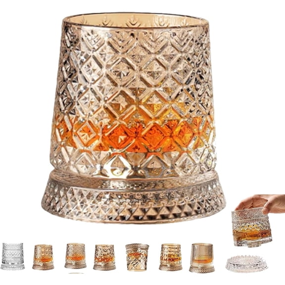 360 Degree Rotating Whiskey Glass, Rotating Crystal Whiskey Tumbler Glass, Whiskey Glass with Base for 360-Degree Rotation 9 Oz Old Fashioned Glasses for Husband Father (C)