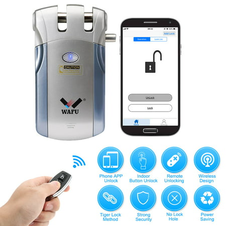 WAFU WF-018U Wireless Remote Control Lock Security Invisible Keyless Intelligent Lock Zinc Alloy Metal iOS Android APP Unlocking with 4 Remote Keys Smart Home Villa Office (Best Android Lock Screen Replacement)