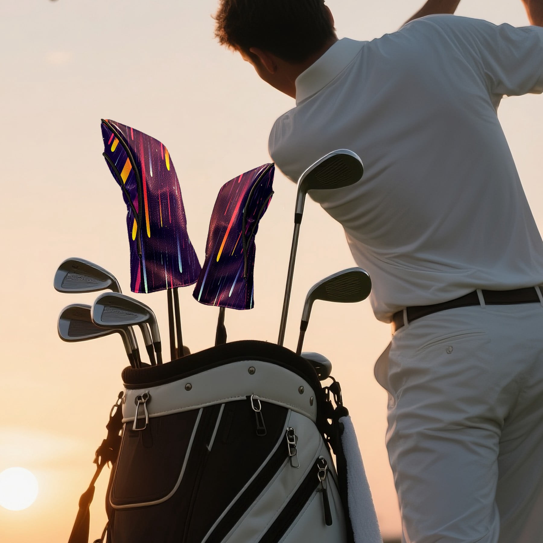 Golf Club Covers PU Leather Waterproof Head Covers for Fairway Woods Hybrids Colorful Lines Unisex Fits Most Brands