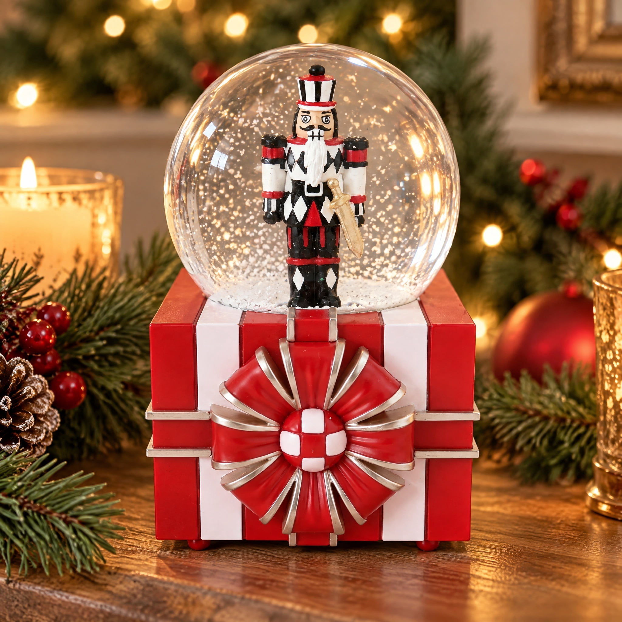 Nutcracker on Gift Box Base Musical Christmas Snow Globe, Red/White/Black, 6.3", by Holiday Time