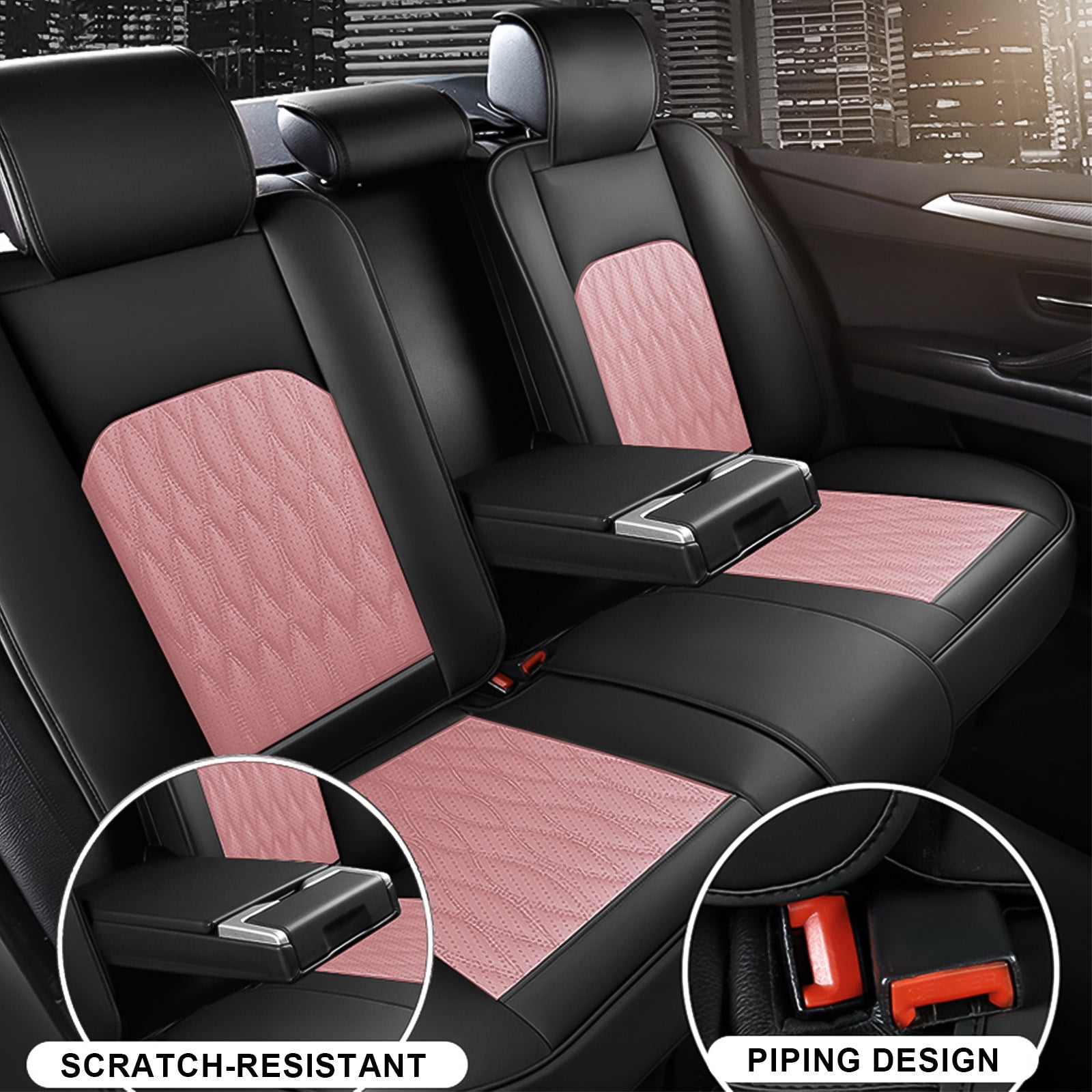OTOEZ Universal Pink Car Seat Cover Nappa Leather 5-Seat Full Set Waterproof Front & Rear Cushion Protector Fit Most Honda Toyota Chevy Ford Nissan SUV