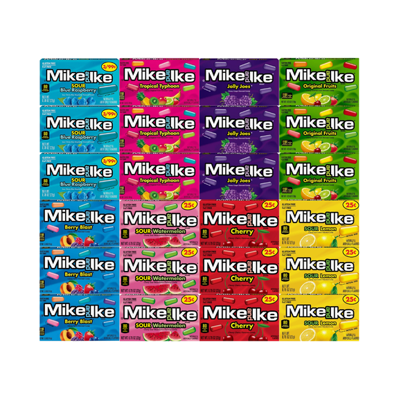 Variety Pack Mike and Ike Candy, 24 Pack, 3 Each of 8 Flavors, Sour Blue Raspberry, Jolly Joes, Tropical Typhoon, Original Fruits, Berry Blast, Cherry, Sour Watermelon, Sour Lemon, 0.78 oz