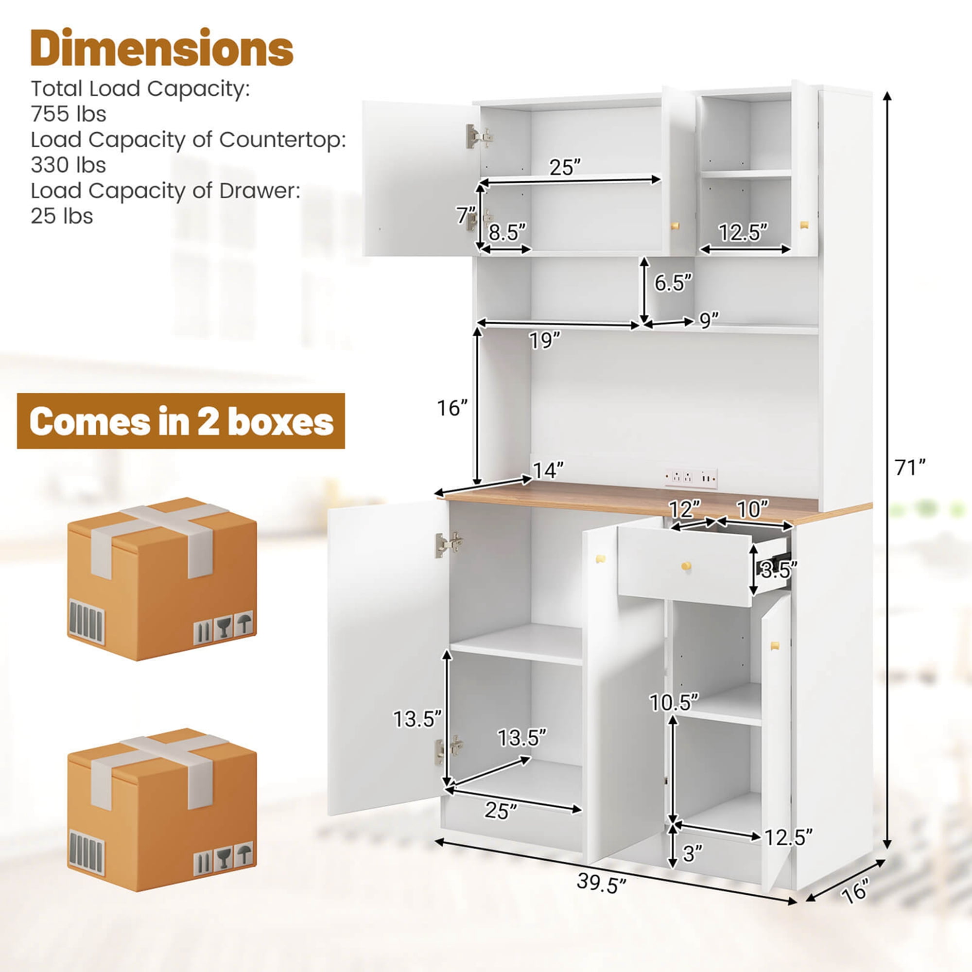 Costway 71" Tall Pantry Cabinet with Outlets USB Ports Anti-Tipping Kits Adjustable Shelves White