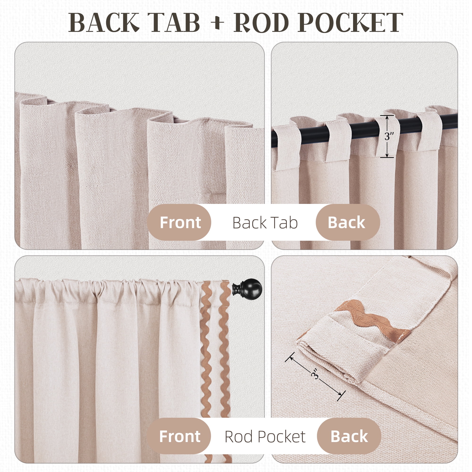 Alishomtll Natural Linen Scalloped Rod Pocket Back Tab Blackout Curtains for Bedroom,Pack of 2,52"x 84"