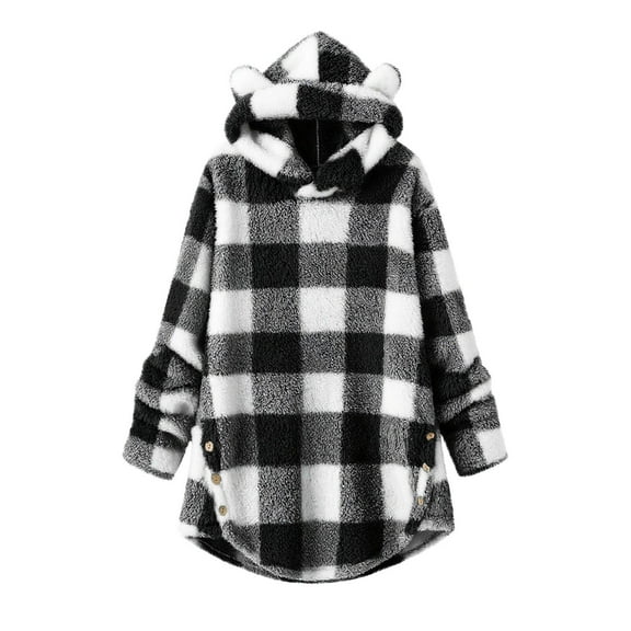 Mercatoo Girls Oversized Fuzzy Plaid Hoodies Teen Kids Pullover Plush Hooded Sweater Soft Fleece Fall Lightweight Clothes