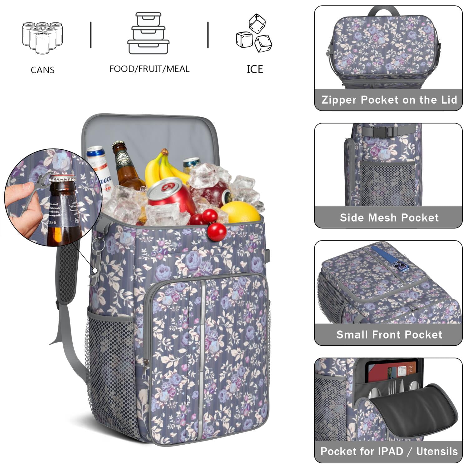 Travel Cooler Bag - Pioneer Flower Floral Print Pattern Camping Beer Cooler Backpack with Bottle Opener- Waterproof Insulated Picnic Backpacks - Cooler Bag for Beach