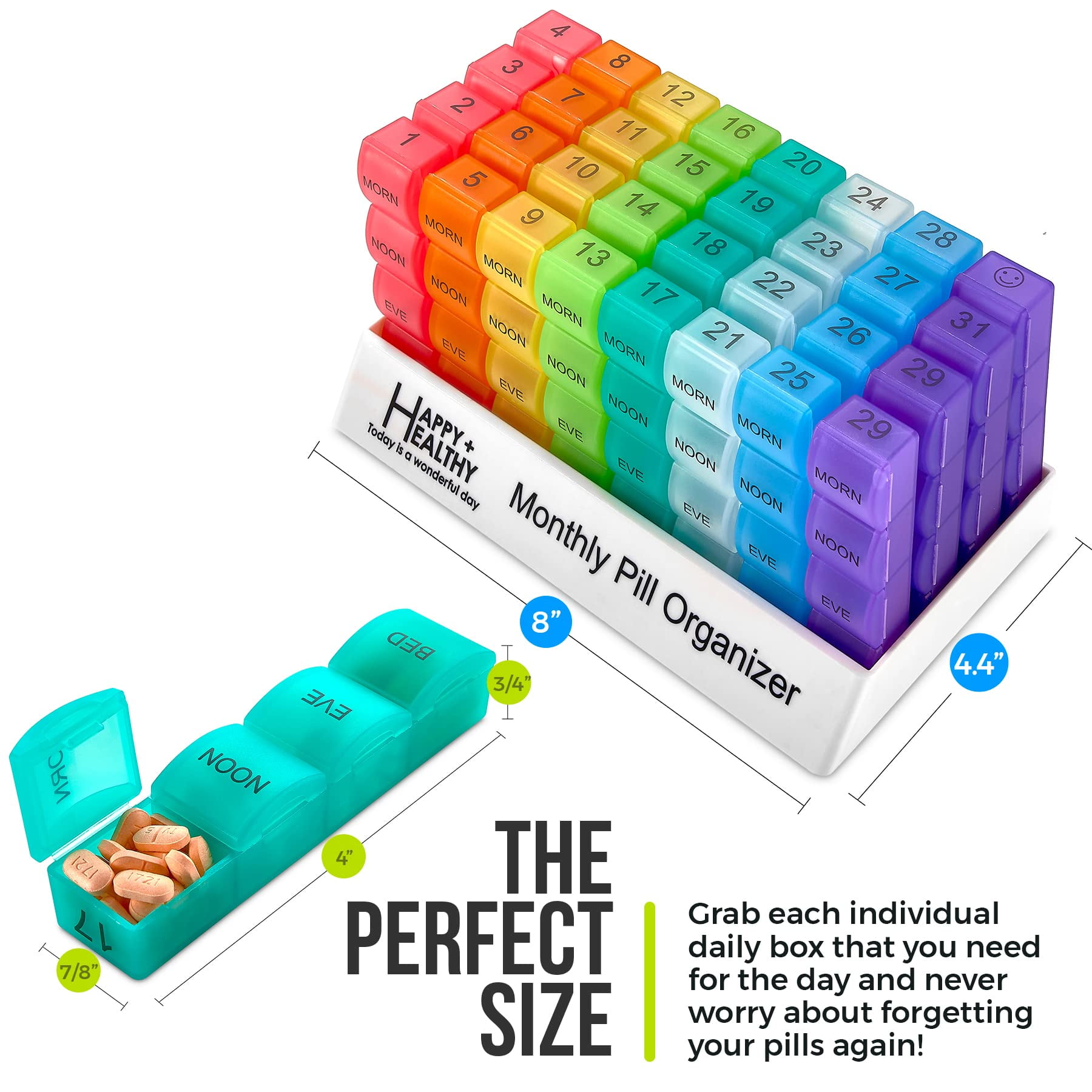 MEDca Monthly Pill Organizer - 32 Daily Cases, 4 Times a Day, Rainbow