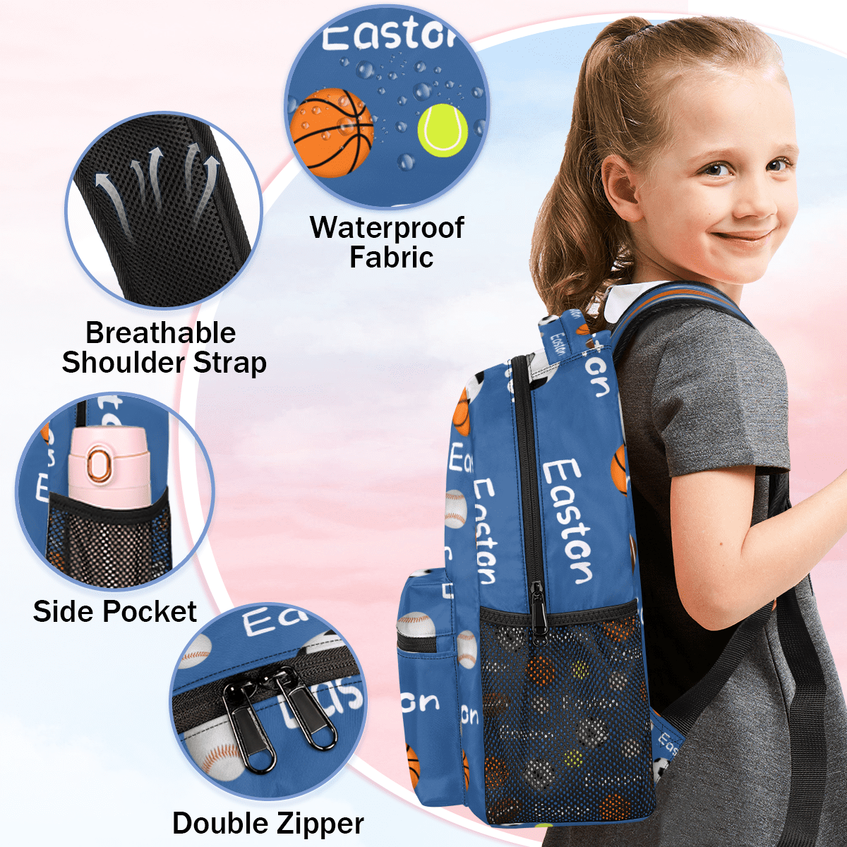 Jiaoprinted Custom Ball Theme Backpack with Name, Personalized Lightweight Casual Daypack for Women Men, Customized 18 Inch Travel Back Pack