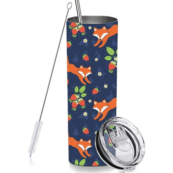 Fox Skinny Tumbler Cup with Straw Lid, 20 OZ Stainless Steel Insulated Vacuum Slim Travel Coffee Mug Fox Gift for Girl Women