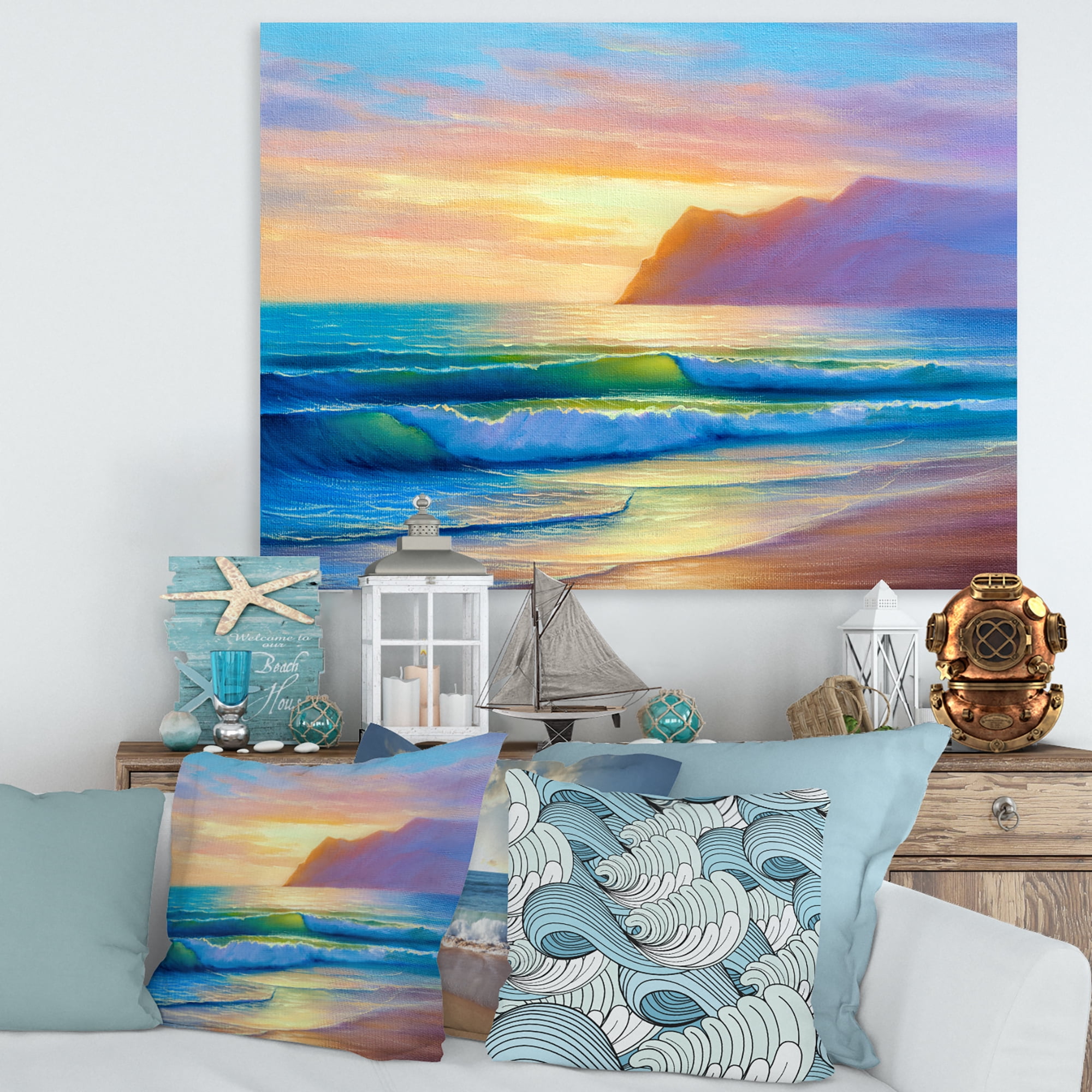 Designart ' Sunrise Glow On The Sea Waves IV ' Nautical & Coastal Canvas Wall Art Print
