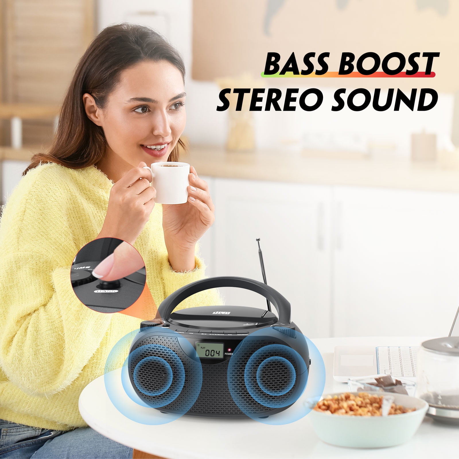 Portable Bluetooth CD Boombox with AM/FM Radio, USB, Bass