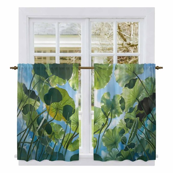 Green Leaves Kitchen Curtains 45 Inch Length, Watercolor Summer Botanical Leaf Tiers Curtains for Bathroom Bedroom Cafe, Light Filtering Small Window Treatment Short Tiered Drapes 2 Panels 42"Wx45"L