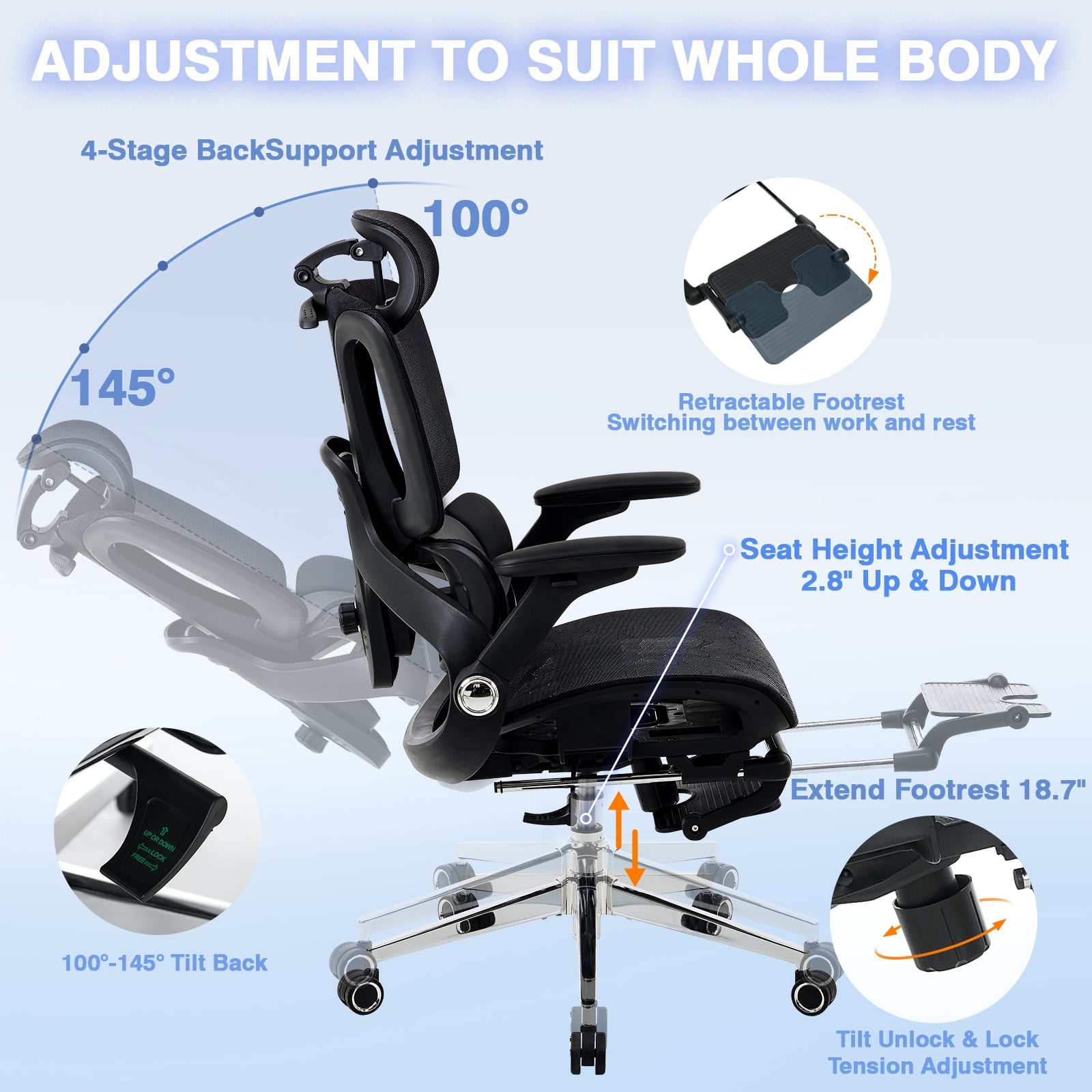 Czlolo High Back Ergonomic Mesh Office Chair with Footrest, 4D Armrests, Adjustable Lumbar Support, Black