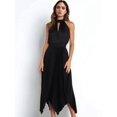 thumbnail image 5 of Women's Elastic Waist Pleated Skirts High Waisted Flowy Asymmetrical Low Midi Skirt for Summer Black S, 5 of 8