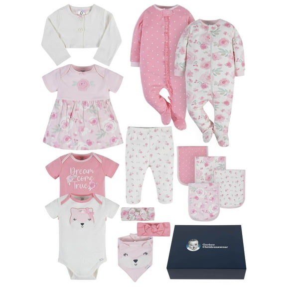 Gerber Baby Girl Clothes Outfit Set with Gift Box, 14-Piece (Newborn-3/6 Months)
