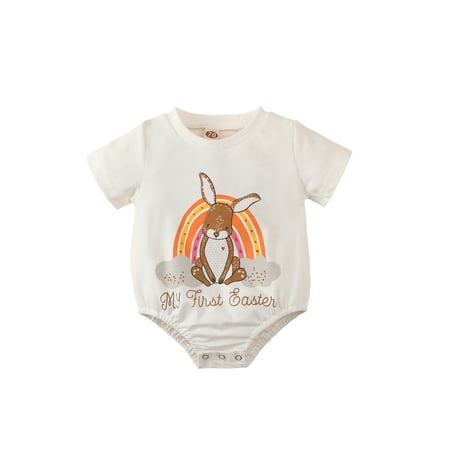 

Baby Girl Playsuit Easter Day Letter Cartoon Bunny Rainbow Print Round Neck Short Sleeve Romper