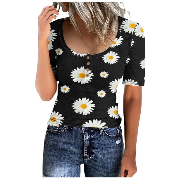 Fiudx Liquidación de Ofertas Flash Camiseta Holgada de Manga Corta con Botones y Cuello Redondo para Mujer
