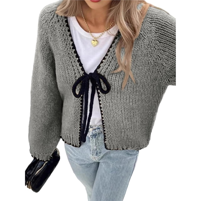 Suéteres Tipo Cárdigan con Lazo para Mujer, de Punto Grueso, con Mangas Largas Abullonadas, Modernos Abrigos para Otoño e Invierno. Gris XL